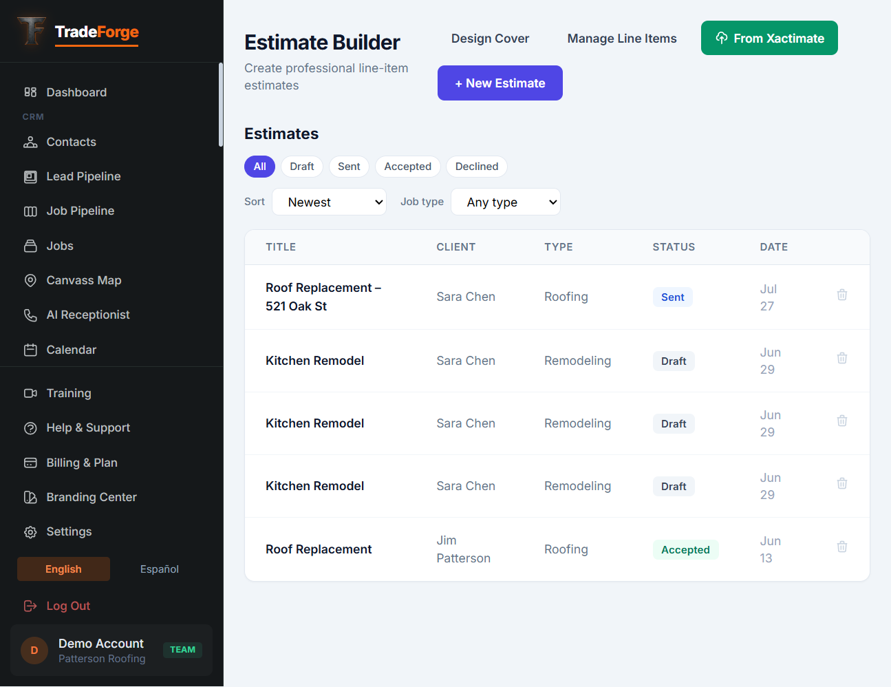 TradeForge estimate builder